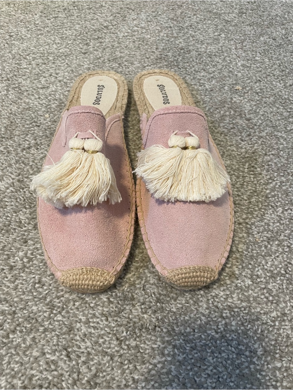 Soludos Leather Upper Blush Suede Cream Tassel Espadrille Mule Size 9